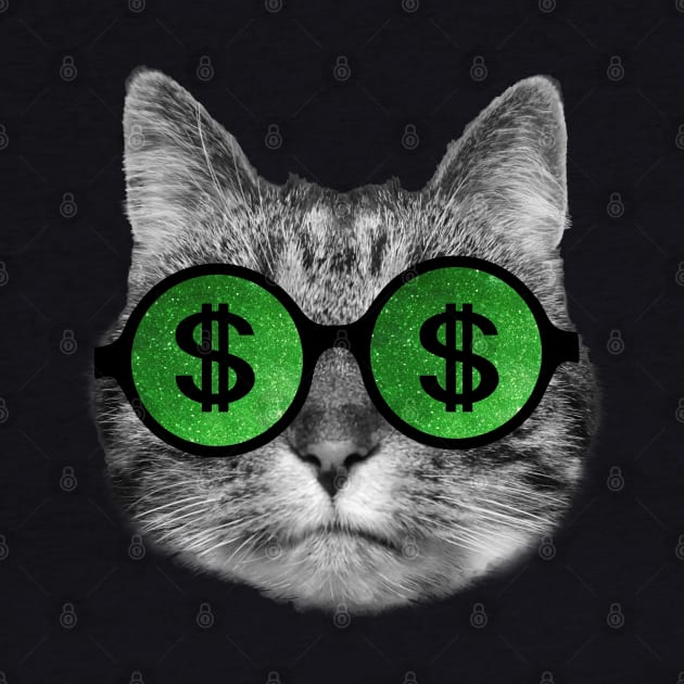 Wealthy cat wearing green dollar sign sunglasses by Purrfect